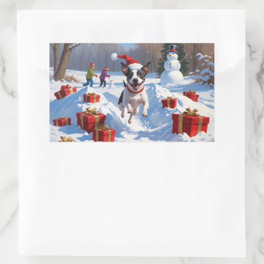 Rattenterriër loopt in de sneeuw met kerst Pet Rechthoekige Sticker (Tas)