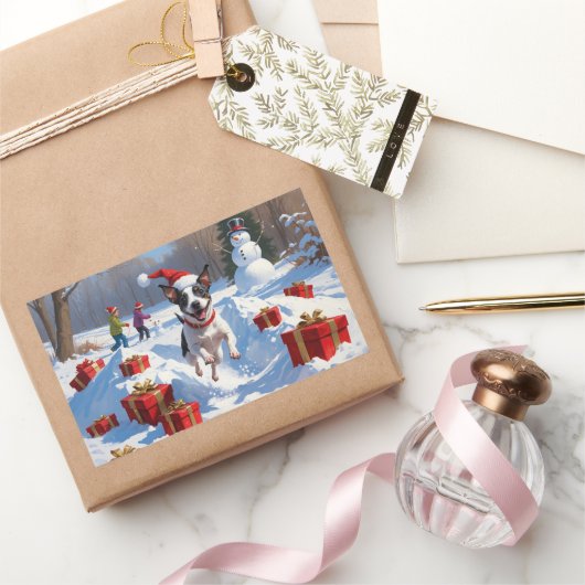 Rattenterriër loopt in de sneeuw met kerst Pet Rechthoekige Sticker (Geschenken)