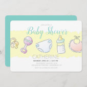 Rattle, Fles, Diaper, Bib en Pacifier Shower Kaart (Voorkant / Achterkant)