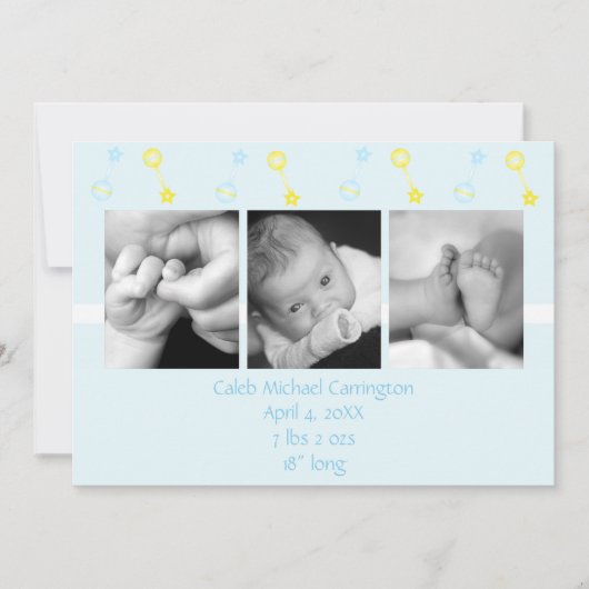 Rattle n Roll Birth Annoucement (blauw) Aankondiging (Voorkant)