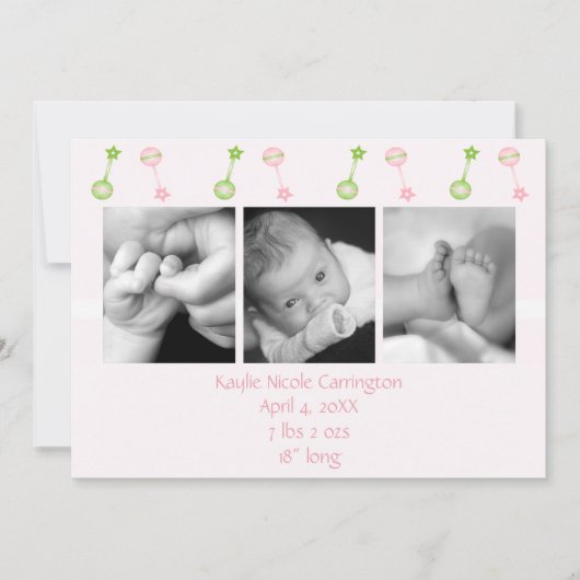 Rattle n Roll Birth Annoucement (roze) Aankondiging (Voorkant)