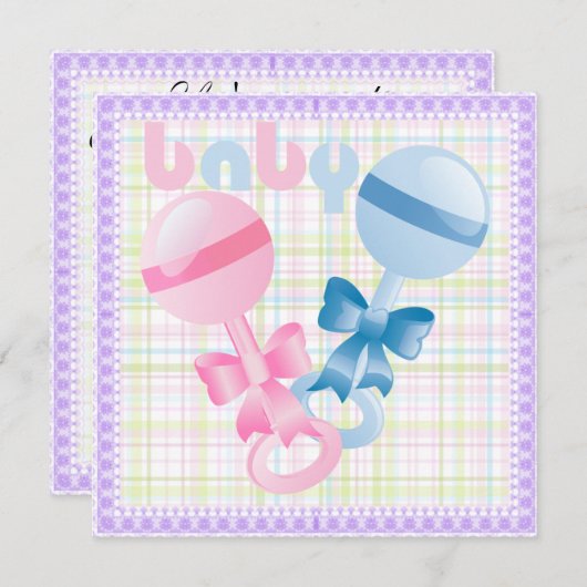 Rattles Baby Gender Reveal Party Invitation Kaart (Voorkant / Achterkant)