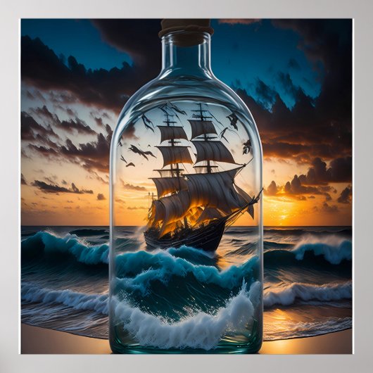 Raue See mit Schiff in einer Flasche Poster (Voorkant)