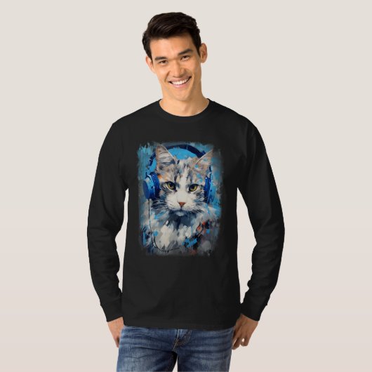 Rave EDM Ragamuffin Cat Headphone T-shirt (Voorkant volledig)
