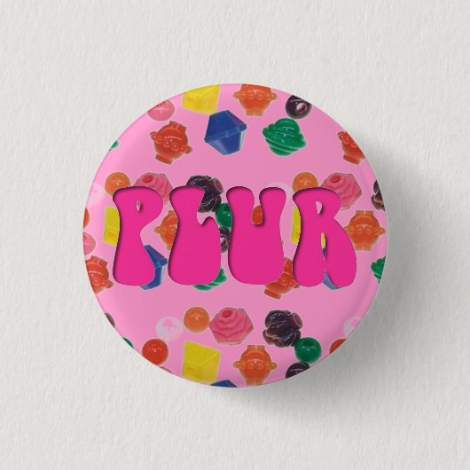 Rave Kandi Roze "PLUR" Pin Ronde Button 3,2 Cm (Voorkant)