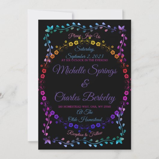 Rave Neon Glow Floral Black Wedding Invitation (Voorkant)
