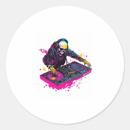 Rave Skull � EDM Party Skeleton DJ Ronde Sticker (Voorkant)