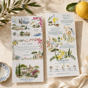 Ravello Italië Aquarel Bruiloft Drieluik Uitnodiging