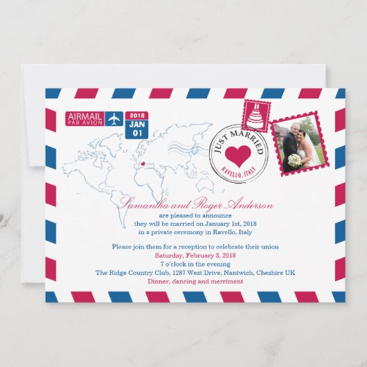Ravello Italy Airmail Post Wedding Reception Kaart (Voorkant)
