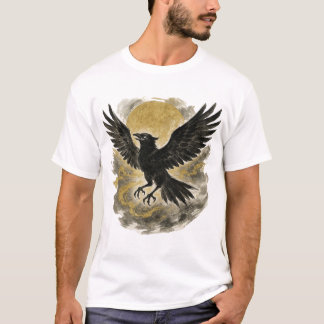 【Raven and Golden Moon Japanese Ink Art T-Shirt】 T-shirt