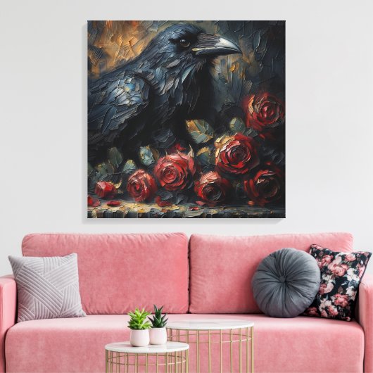 Raven and Red Roses Gothic Art Canvas Afdruk (Insitu (Woonkamer))
