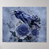 Raven Bird Blue Roos Whimsical Decoupage Print (Voorkant)