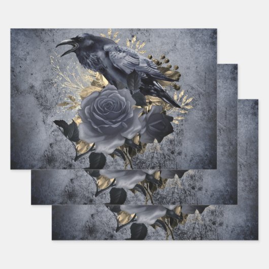 Raven Bird Gold Blue/Black Rose Whimsical Inpakpapier Vel (Set)
