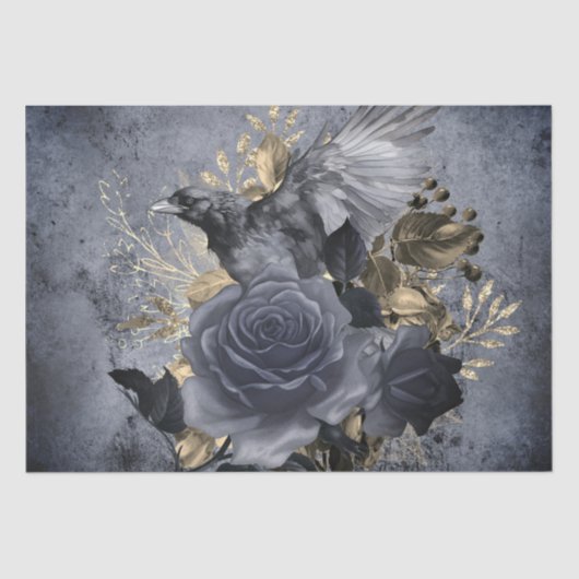 Raven Bird Goud Blauw/Zwart Roos Whimsical Tissue Tissuepapier (Voorkant)