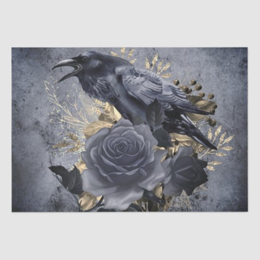 Raven Bird Goud Blauw/Zwart Roos Whimsical Tissuepapier (Voorkant)