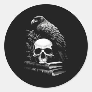 Raven Bird Skull en boeken met Witchy Occult Acade Ronde Sticker