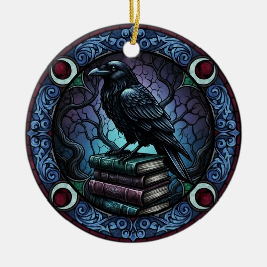 Raven Book Stack Gothic Bookish Keramisch Ornament (Voorkant)