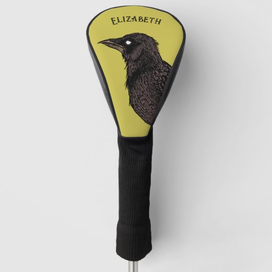 Raven Creepy Crow Bright Gothic Ink Art Name Golfheadcover (Voorkant)
