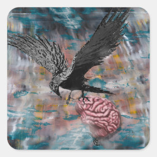 Raven Crow Black Bird Brain Abstracte surrealistis Vierkante Sticker