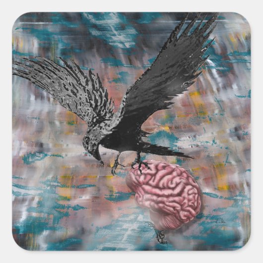 Raven Crow Black Bird Brain Abstracte surrealistis Vierkante Sticker (Voorkant)