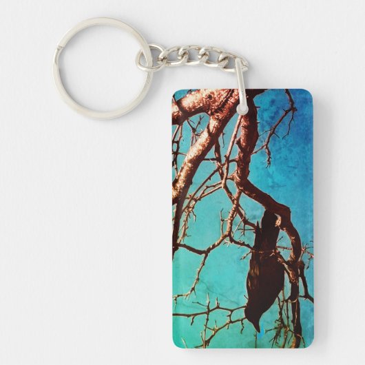 Raven Crow Black Bird Silver Tree Blue Sky Photo Sleutelhanger (Voorkant)