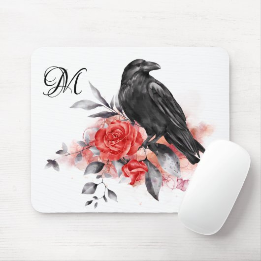 Raven Elegant Monogram Gothic Roos Waterverf Art Muismat (Met muis)