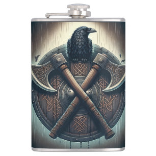 Raven en bijlen - Noorse Warrior Shield Wall Art Heupfles