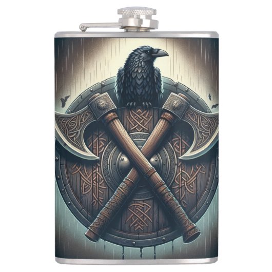Raven en bijlen - Noorse Warrior Shield Wall Art Heupfles (Voorkant)