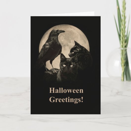 Raven en Black Cats Happy Halloween Kaart (Voorkant)