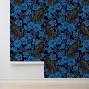 Raven en blauwe rozen behang