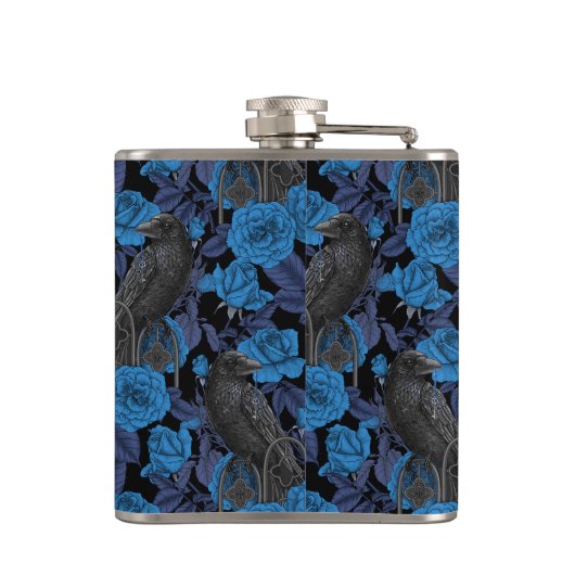 Raven en blauwe rozen heupfles (Achterkant)