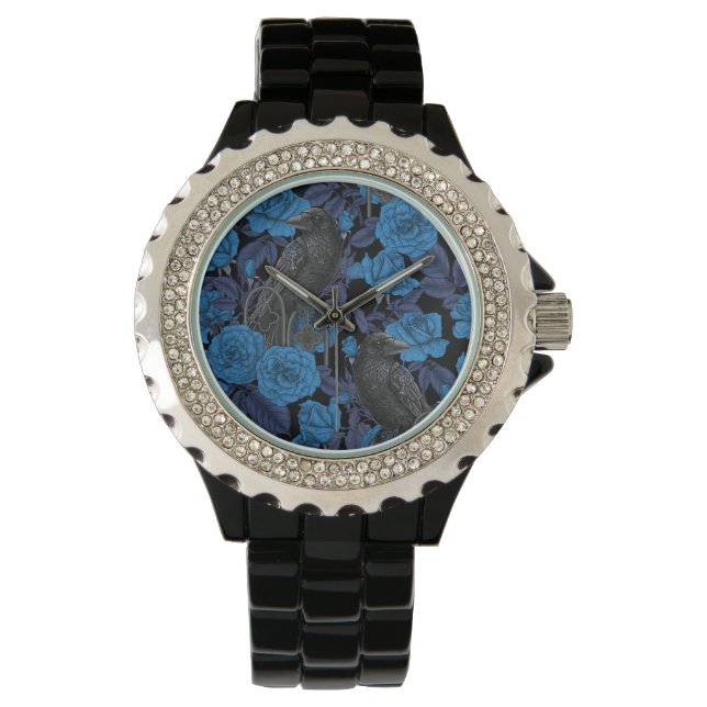 Raven en blauwe rozen horloge (Voorkant)