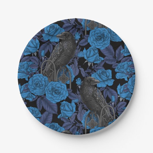 Raven en blauwe rozen papieren bordje (Voorkant)