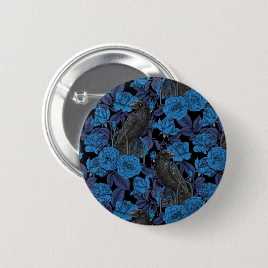 Raven en blauwe rozen ronde button 5,7 cm (Voorkant /achterkant)