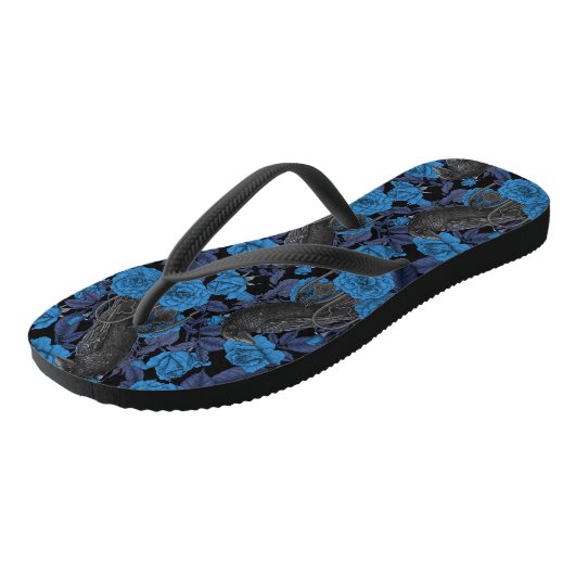 Raven en blauwe rozen teenslippers (Schuin)