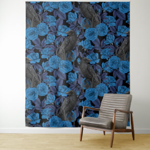 Raven en blauwe rozen wandkleed