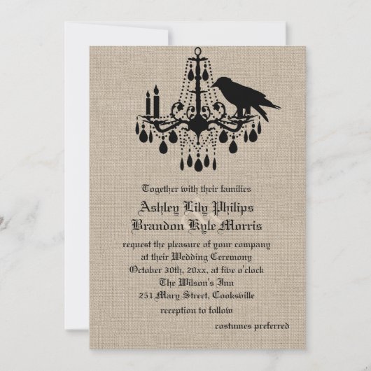 Raven en Damask over Burlap Wedding Invitation Kaart (Voorkant)