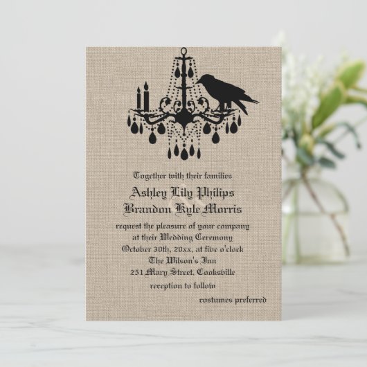 Raven en Damask over Burlap Wedding Invitation Kaart (Staand voorkant)