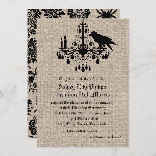Raven en Damask over Burlap Wedding Invitation Kaart (Voorkant / Achterkant)