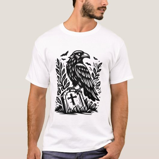 Raven en grafsteen Gothic Graveyard Line Art T-shirt (Voorkant)