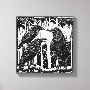 Raven en haar kinderen in de boomtoppen canvas afdruk