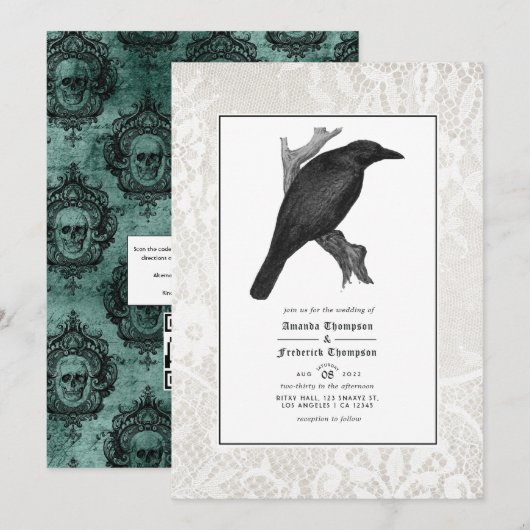Raven en Kant Gotische Bruiloft Kaart (Voorkant / Achterkant)
