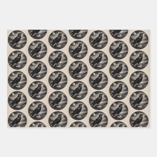 Raven en Moon Wrapping Paper Flat Sheet Set van 3 (Voorkant 2)
