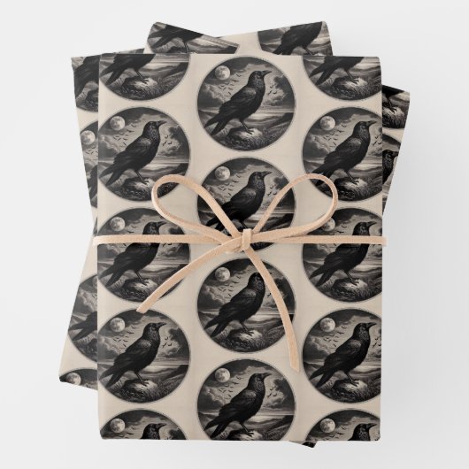 Raven en Moon Wrapping Paper Flat Sheet Set van 3 (In situ)