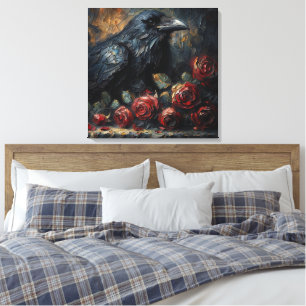 Raven en Rode Rozen Gotische Kunst Canvas Afdruk
