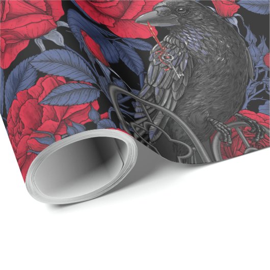 Raven en rozen met donkerblauwe bladeren cadeaupapier (Rol Hoek)