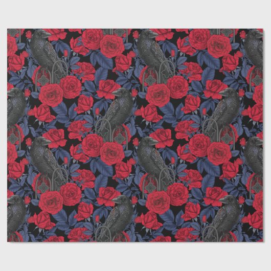 Raven en rozen met donkerblauwe bladeren cadeaupapier (Vlak)