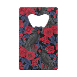 Raven en rozen met donkerblauwe bladeren creditkaart flessenopener