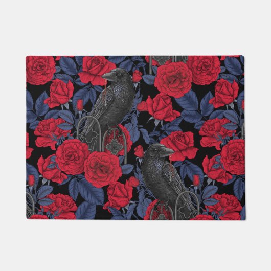 Raven en rozen met donkerblauwe bladeren deurmat (Voorkant)