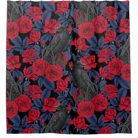 Raven en rozen met donkerblauwe bladeren douchegordijn (Voorkant)